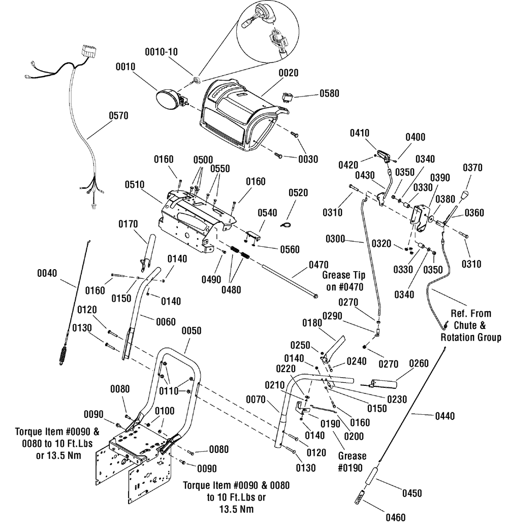 Handles And Controls Group Diagram and Parts List for 1695623-LP18978-1130SE 2009 Briggs and Stratton Snow Blower